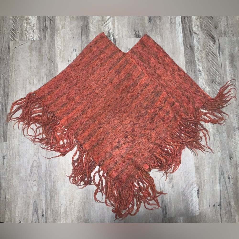 (Bin 7) CAbi, Rust Knit Fringe Poncho Scarf, Size OS